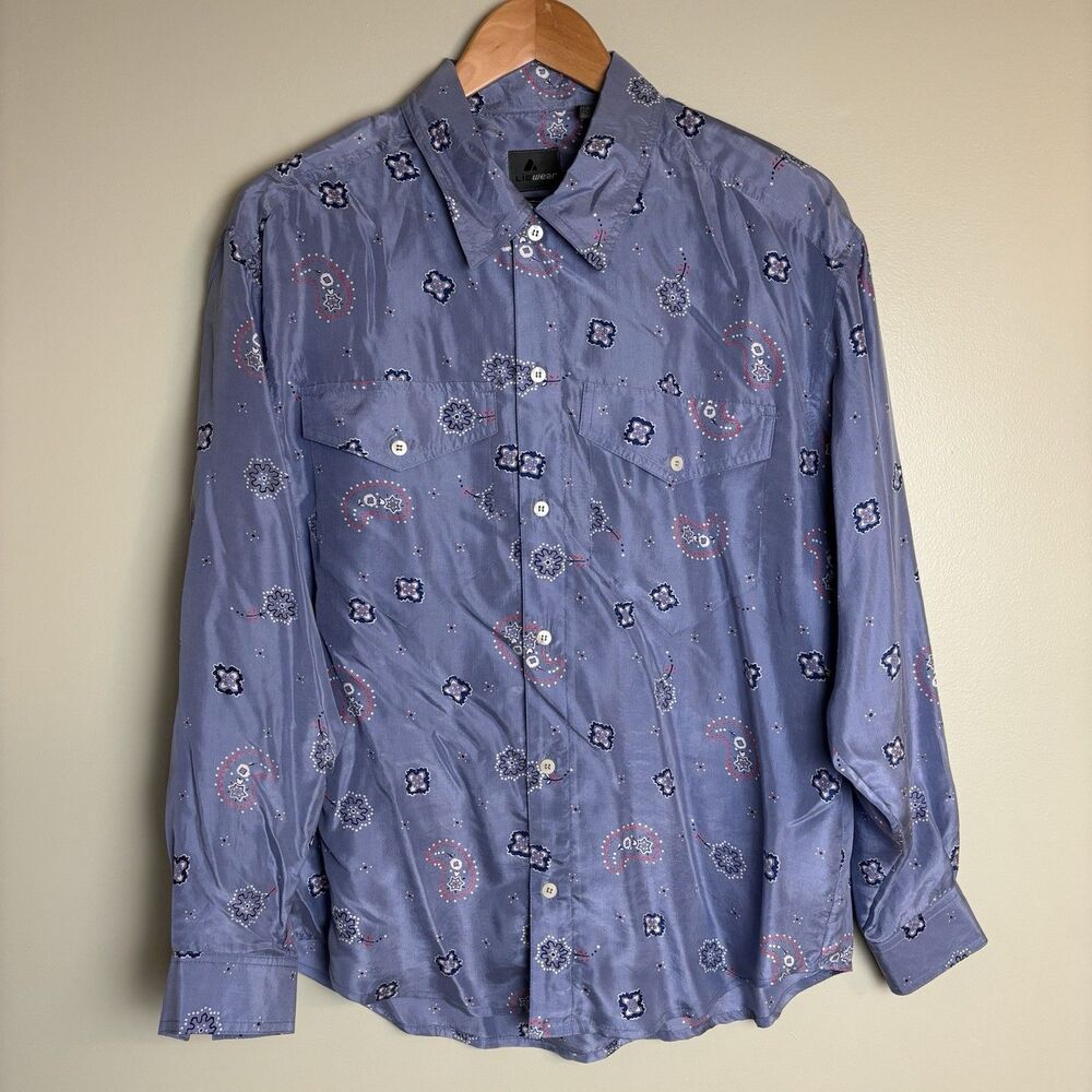 VTG Lizwear Long Sleeve Button Shirt 100% Silk AOP Men's Size M USA Patriotic
